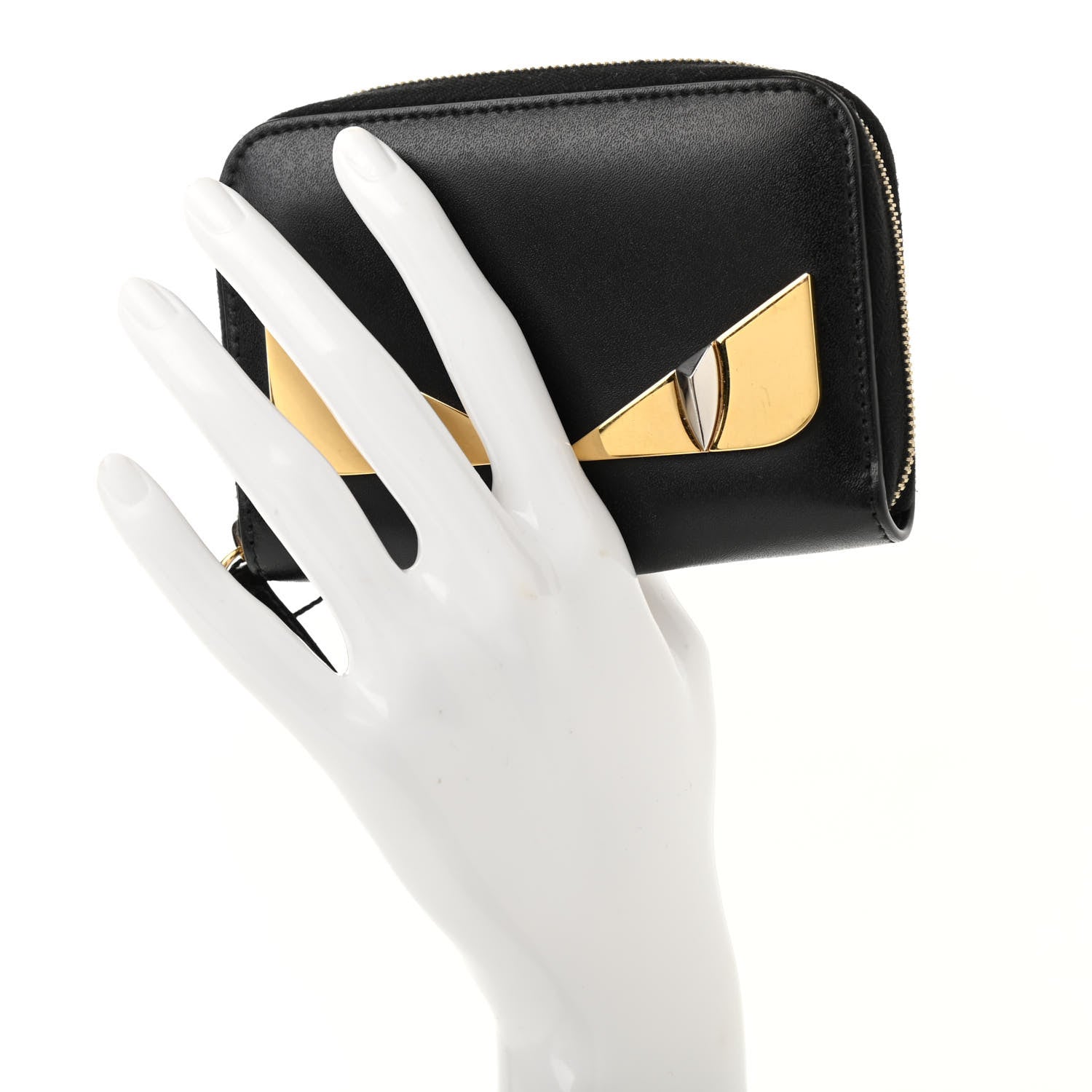 Fendi Vitello Liberty Lucido Metal Monster Eyes Mini Zip Around Wallet Black 2 of 7