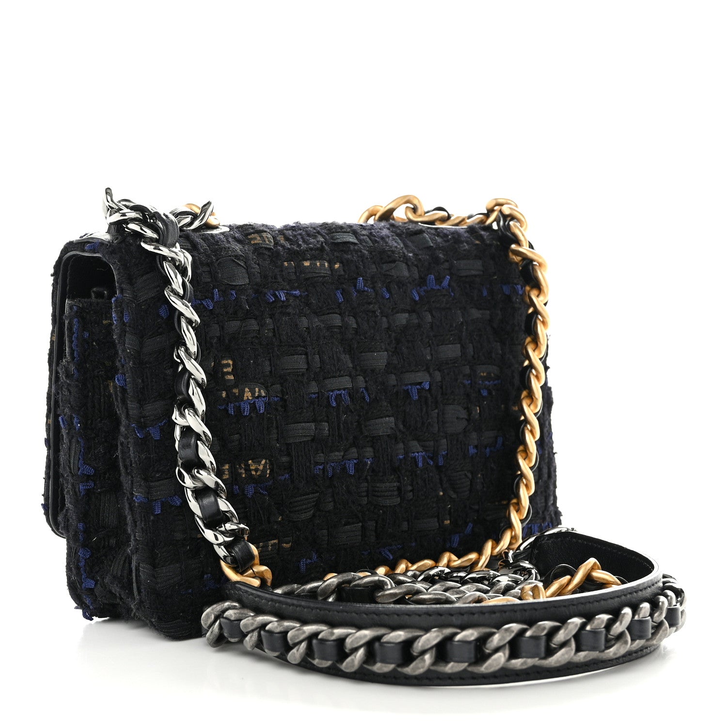 Chanel Tweed Quilted Chanel 19 Wallet On Chain WOC Black Navy Gold 3 of 11