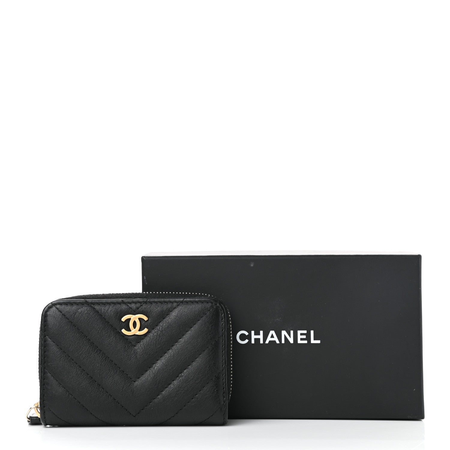 Chanel Calfskin Chevron Quilted Zip Around Coin Purse Black 8 of 8