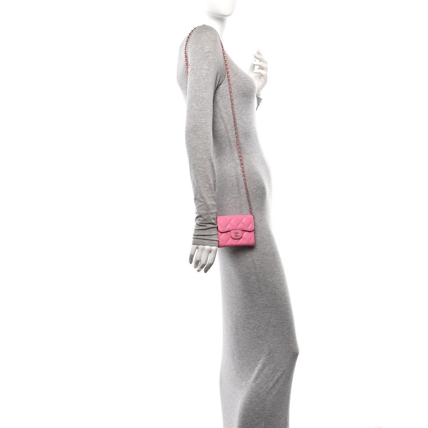 Caviar Quilted Flap Card Holder On Chain Pink
