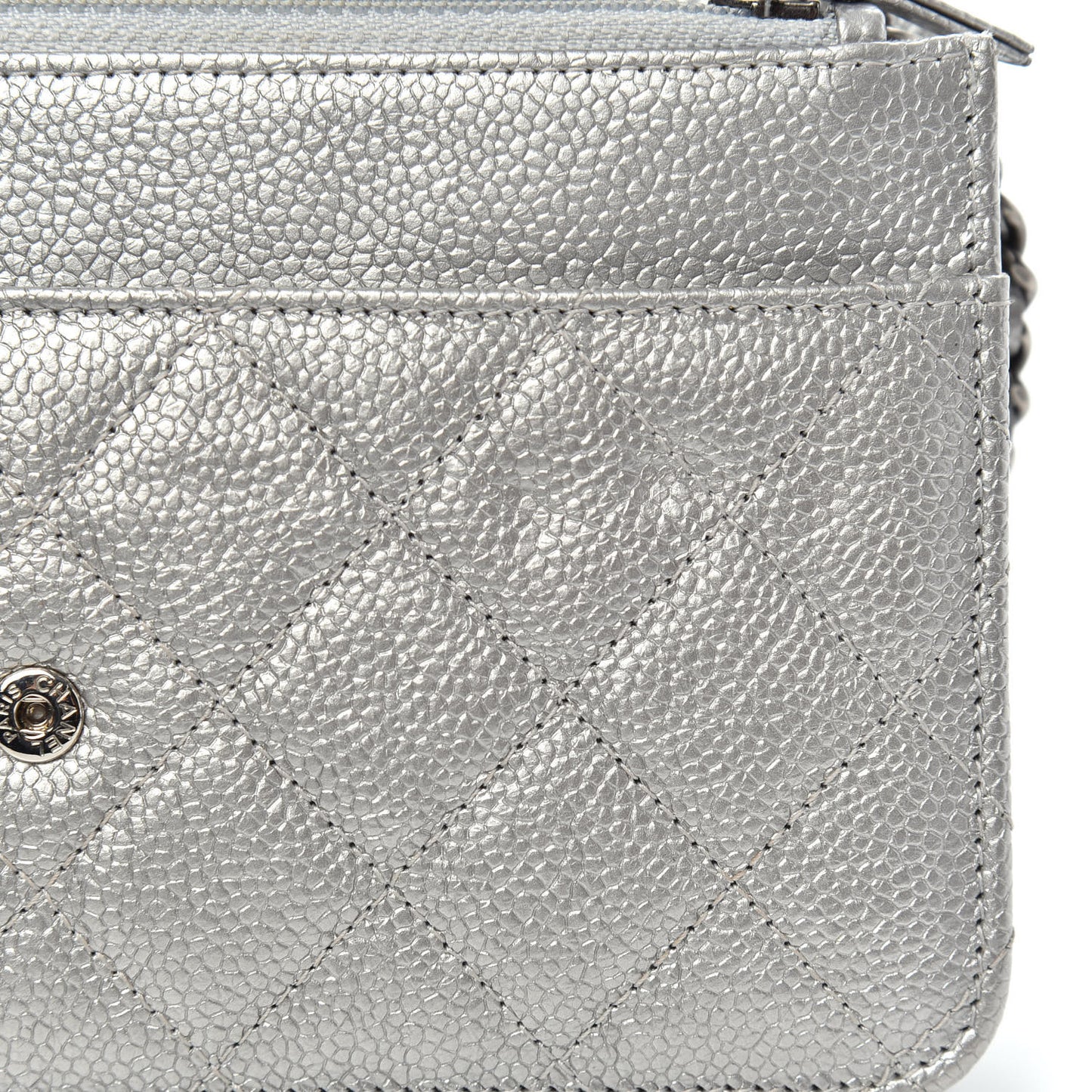 Metallic Caviar Quilted Wallet on Chain WOC Silver