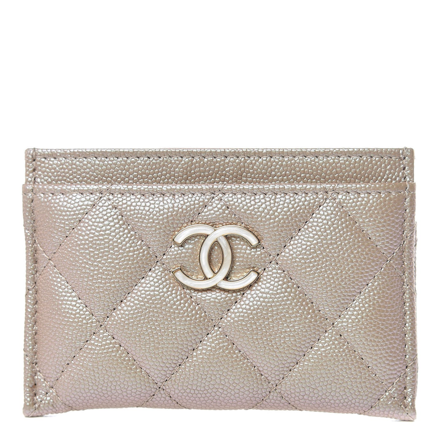 Iridescent Caviar Quilted Card Holder Beige