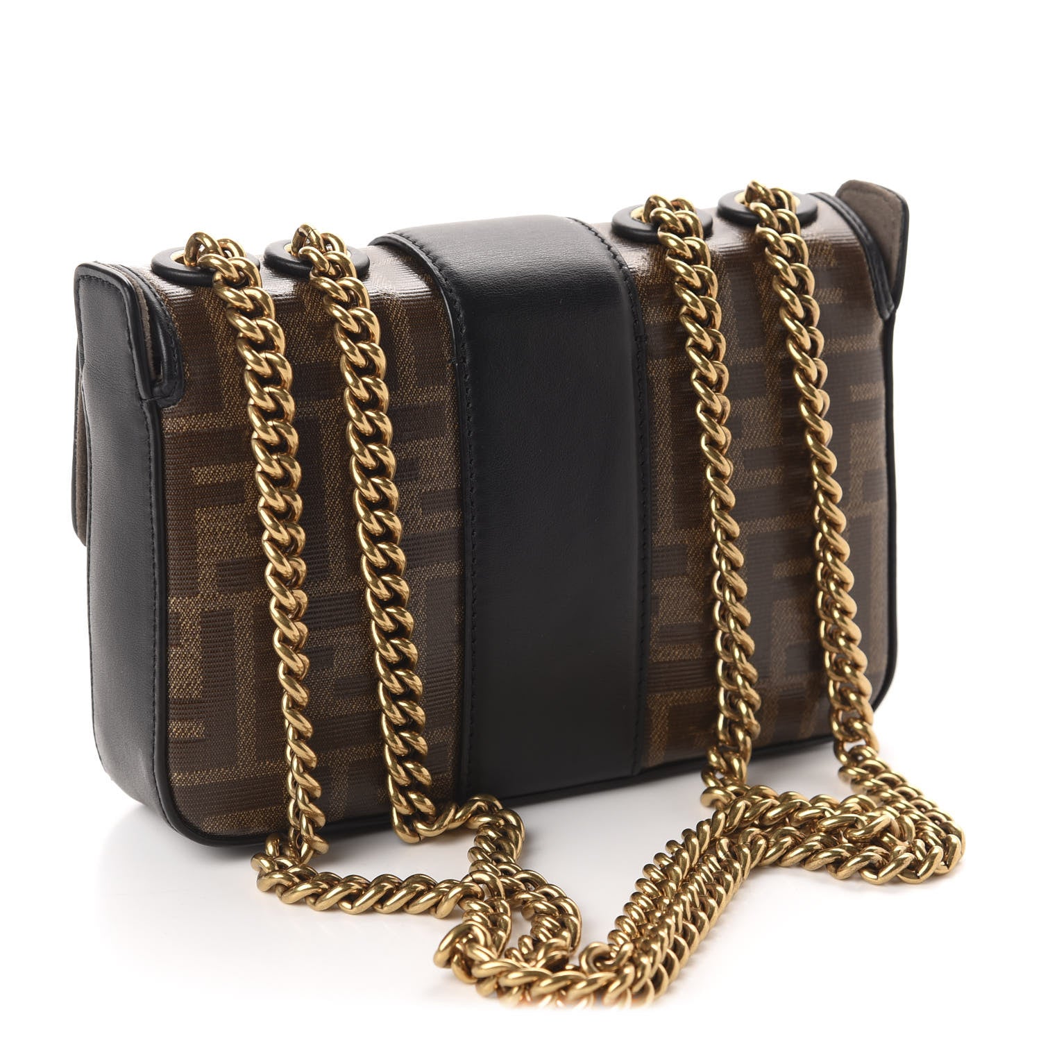 Fendi Glazed Fabric Vitello Century FF 1974 Stamp Patch Mini Double F Crossbody Bag Mogano Panna Black 3 of 10