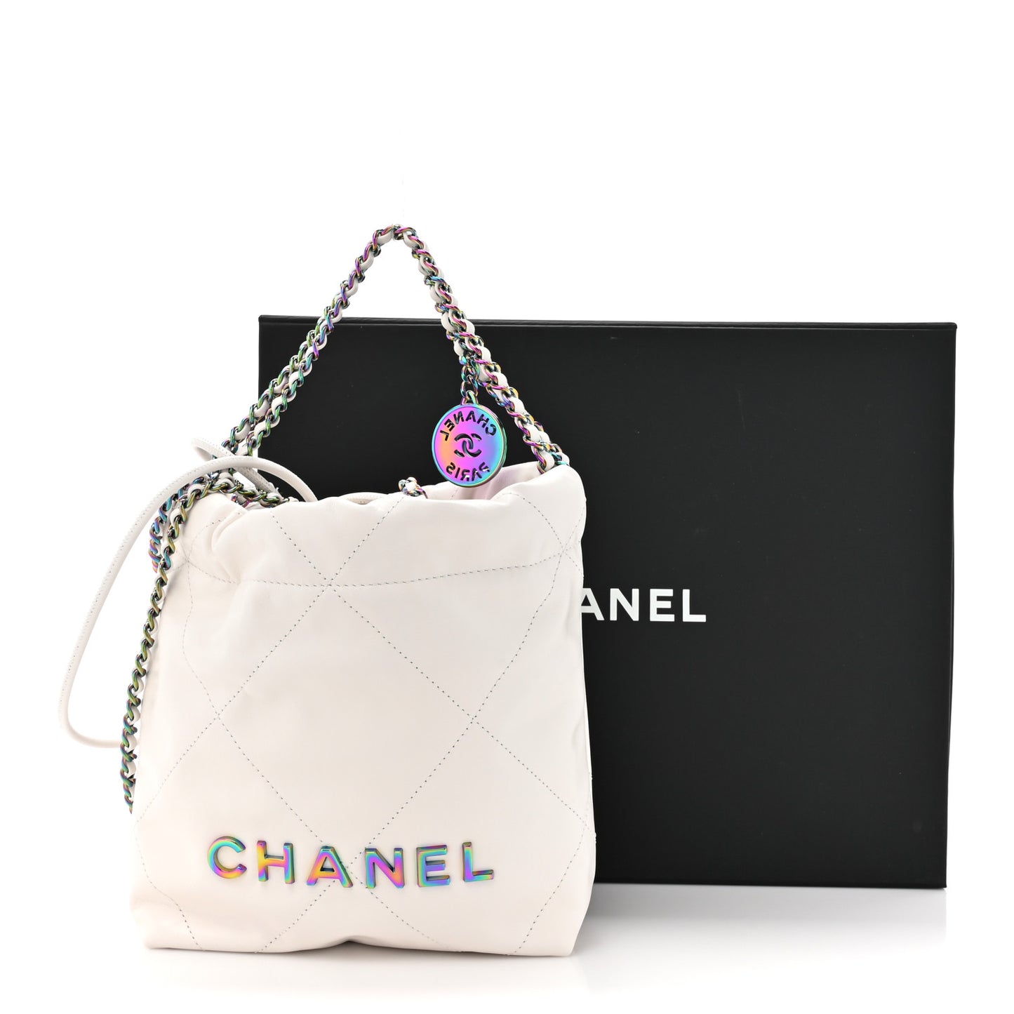 Shiny Calfskin Quilted Rainbow Mini Chanel 22 White