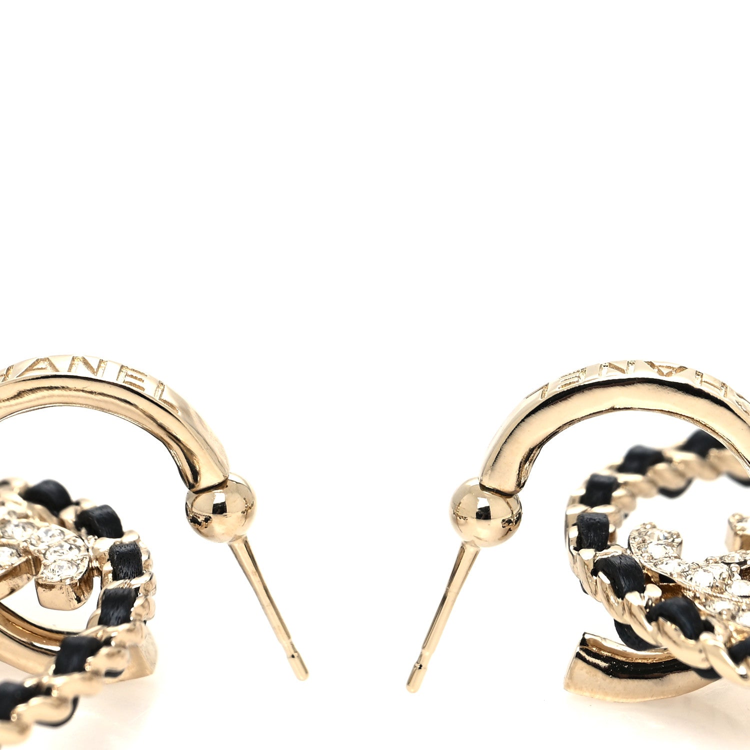Chanel Crystal Lambskin CC Chain Hoop Earrings Gold Black 3 of 4
