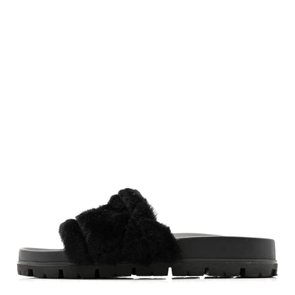 Prada Montone Metal Triangle Logo Lug Sole 20mm Slide Sandals 35 Black 1 of 9