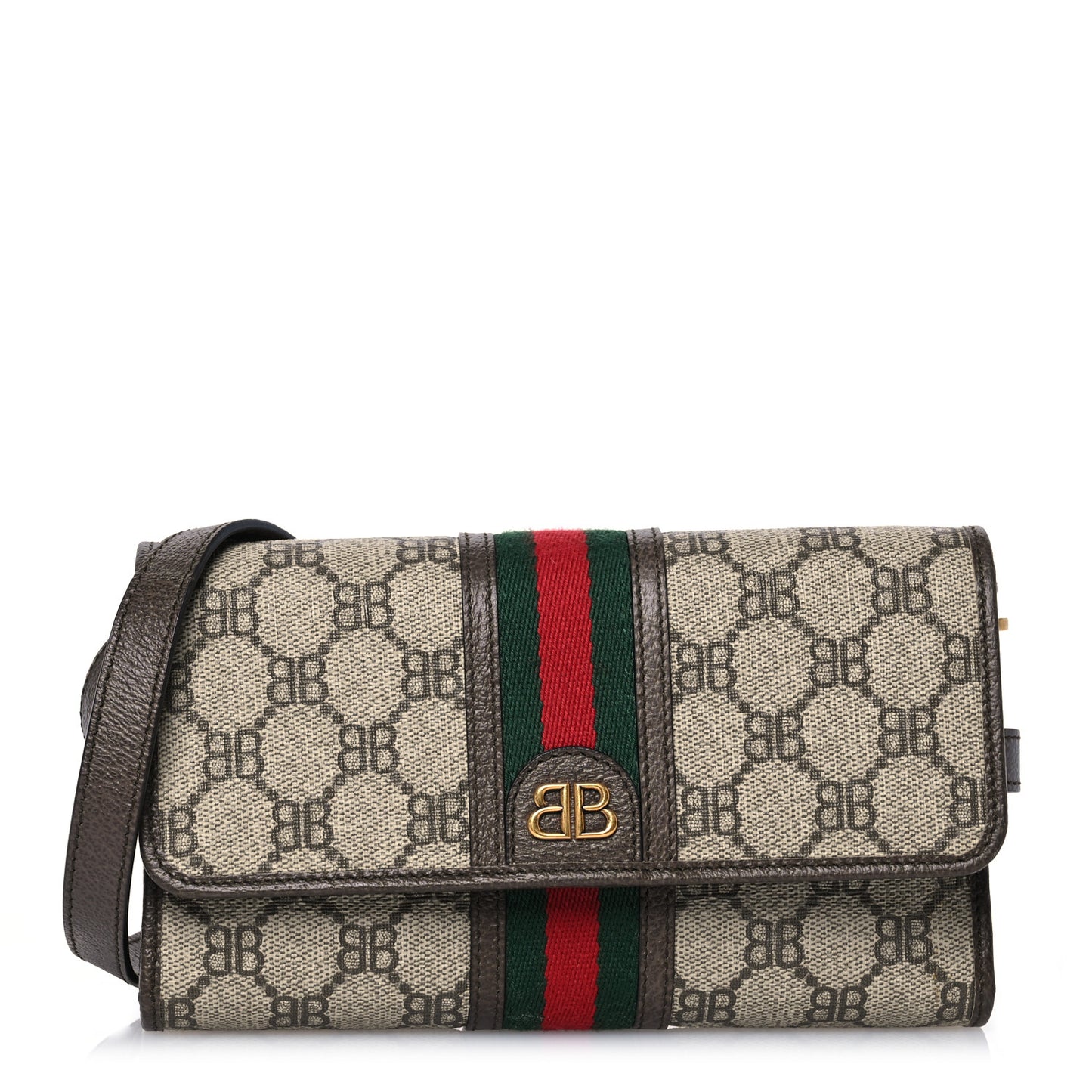 X BALENCIAGA BB Monogram Web Ophidia Crossbody Wallet Beige New Acero