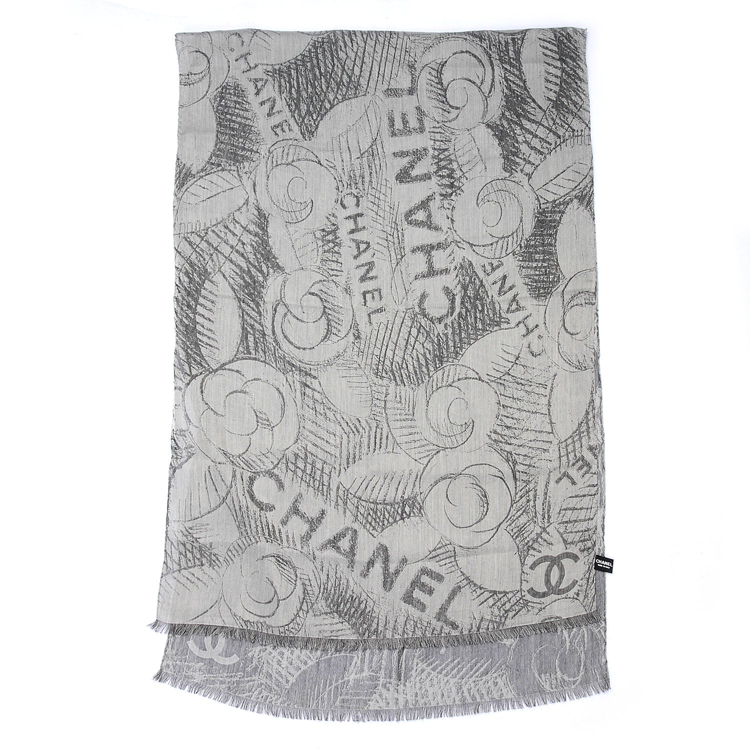 Chanel Cashmere Silk Camellia Scarf Shawl Grey 3 of 5