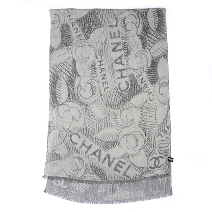 Chanel Cashmere Silk Camellia Scarf Shawl Grey 3 of 5