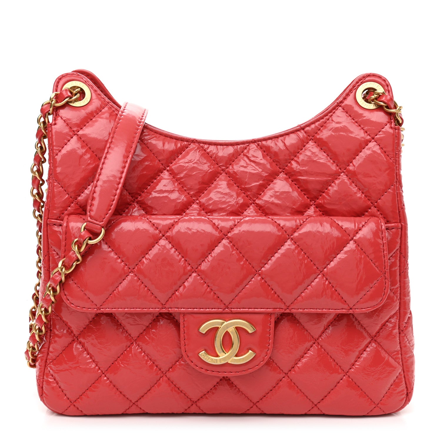 Chanel Shiny Crumpled Calfskin Quilted Wavy CC Hobo Red 1 of 9