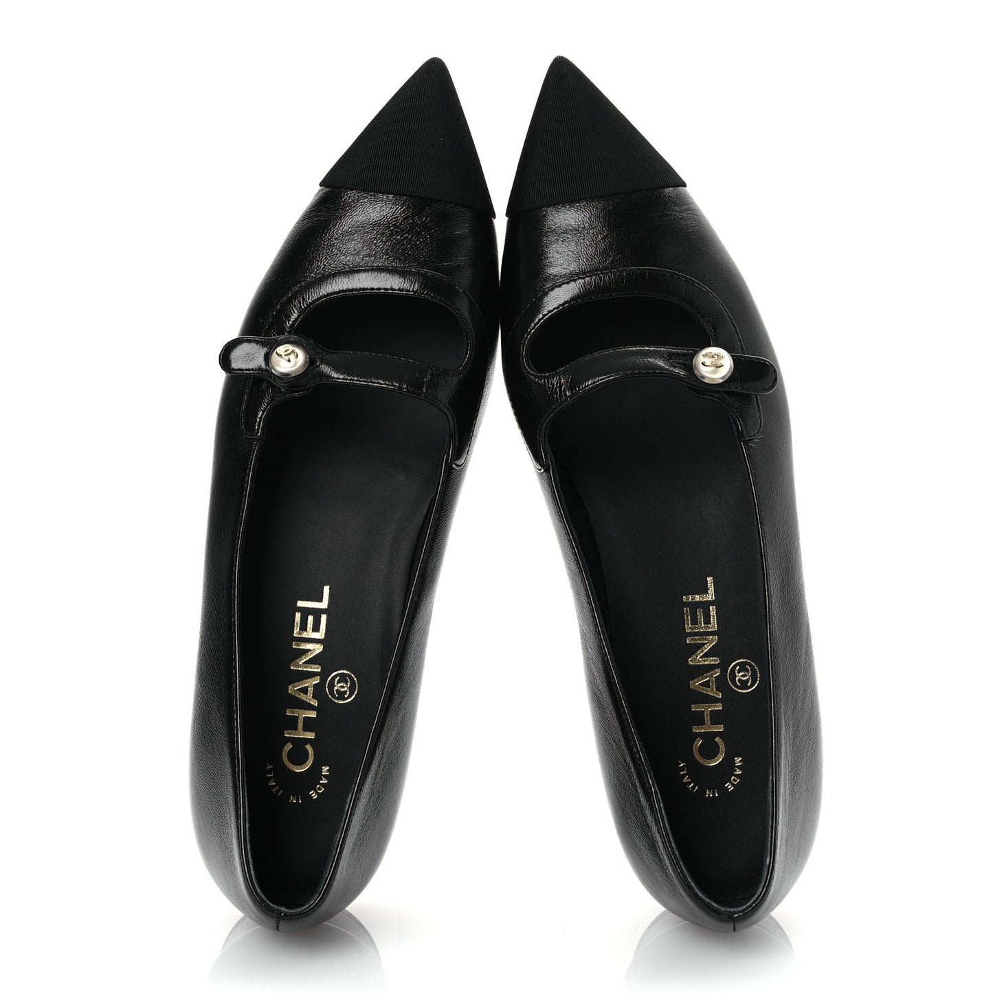 Shiny Lambskin Grosgrain Pearl Mary Jane Flats 37.5 Black