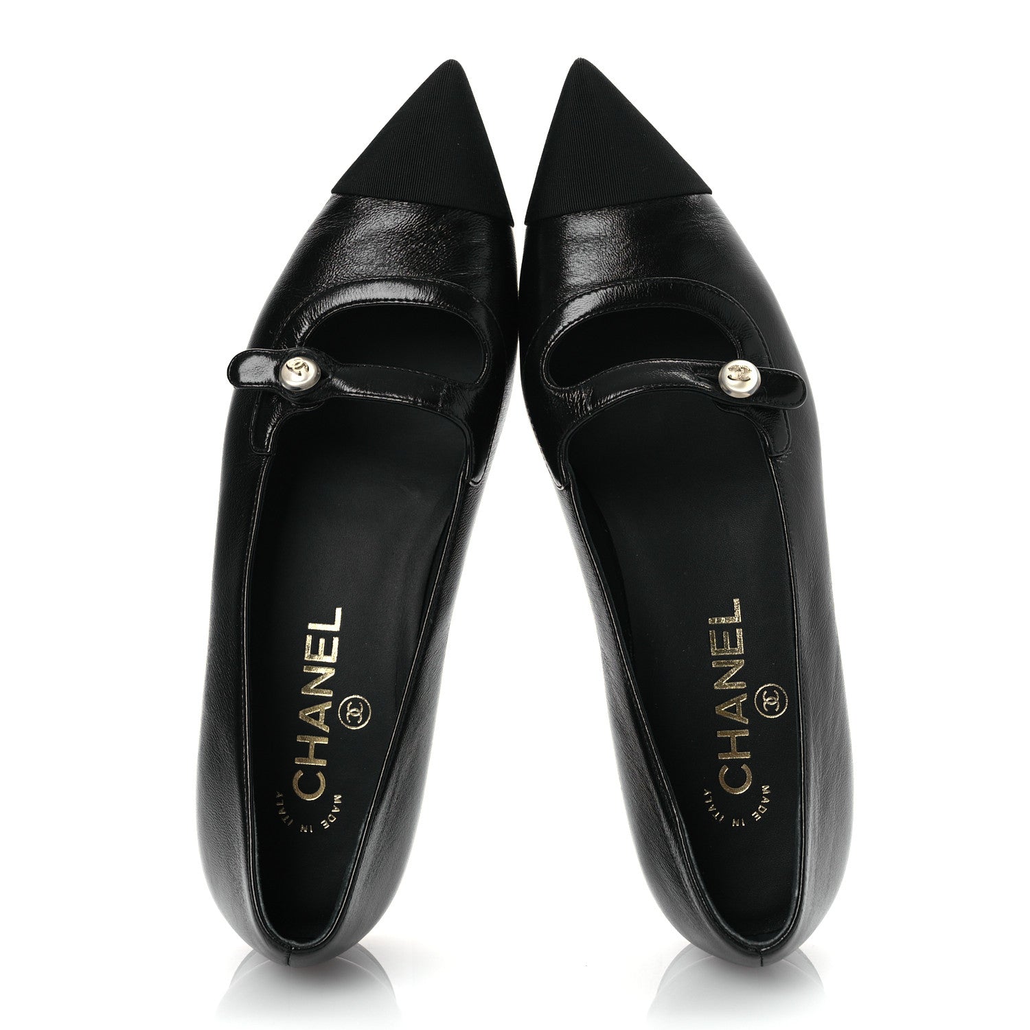 Chanel Shiny Lambskin Grosgrain Pearl Mary Jane Flats 37.5 Black 2 of 12