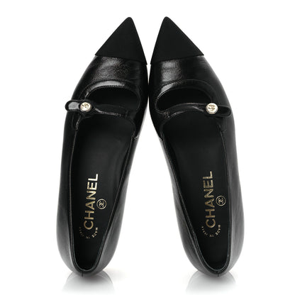 Chanel Shiny Lambskin Grosgrain Pearl Mary Jane Flats 37.5 Black 2 of 12