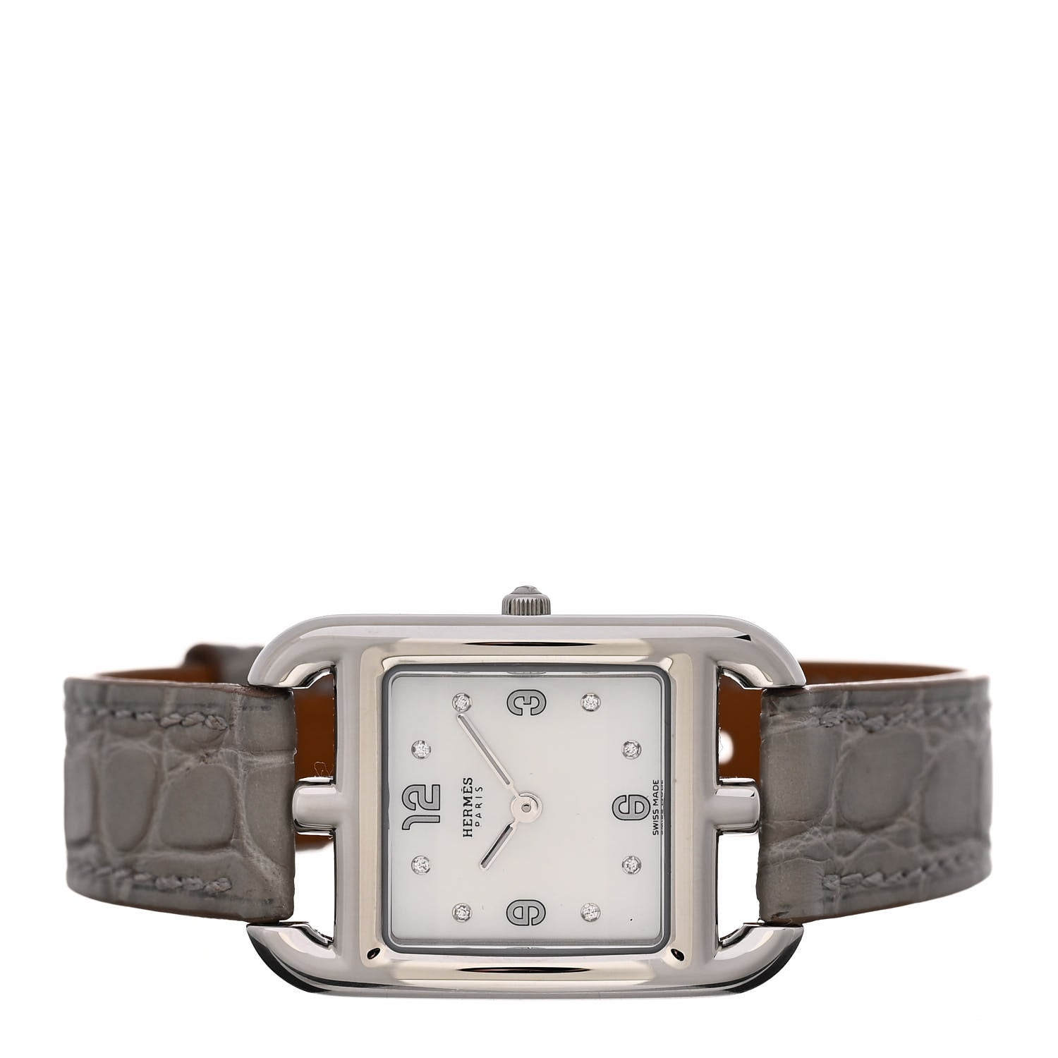 Hermes Stainless Steel Alligator Diamond Mother of Pearl 23mm Cape Cod Quartz Watch Gris Perle 2 of 5