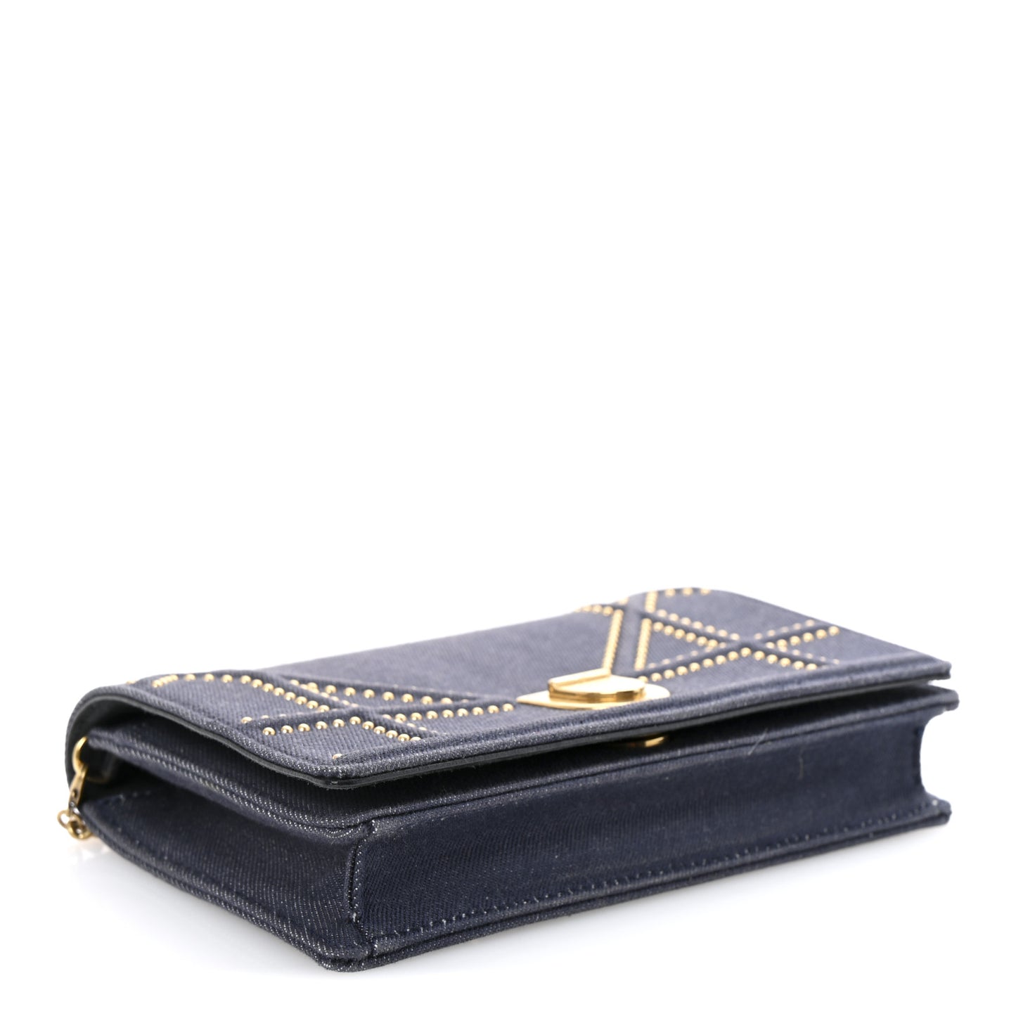 Denim Studded Diorama Wallet On Chain Blue
