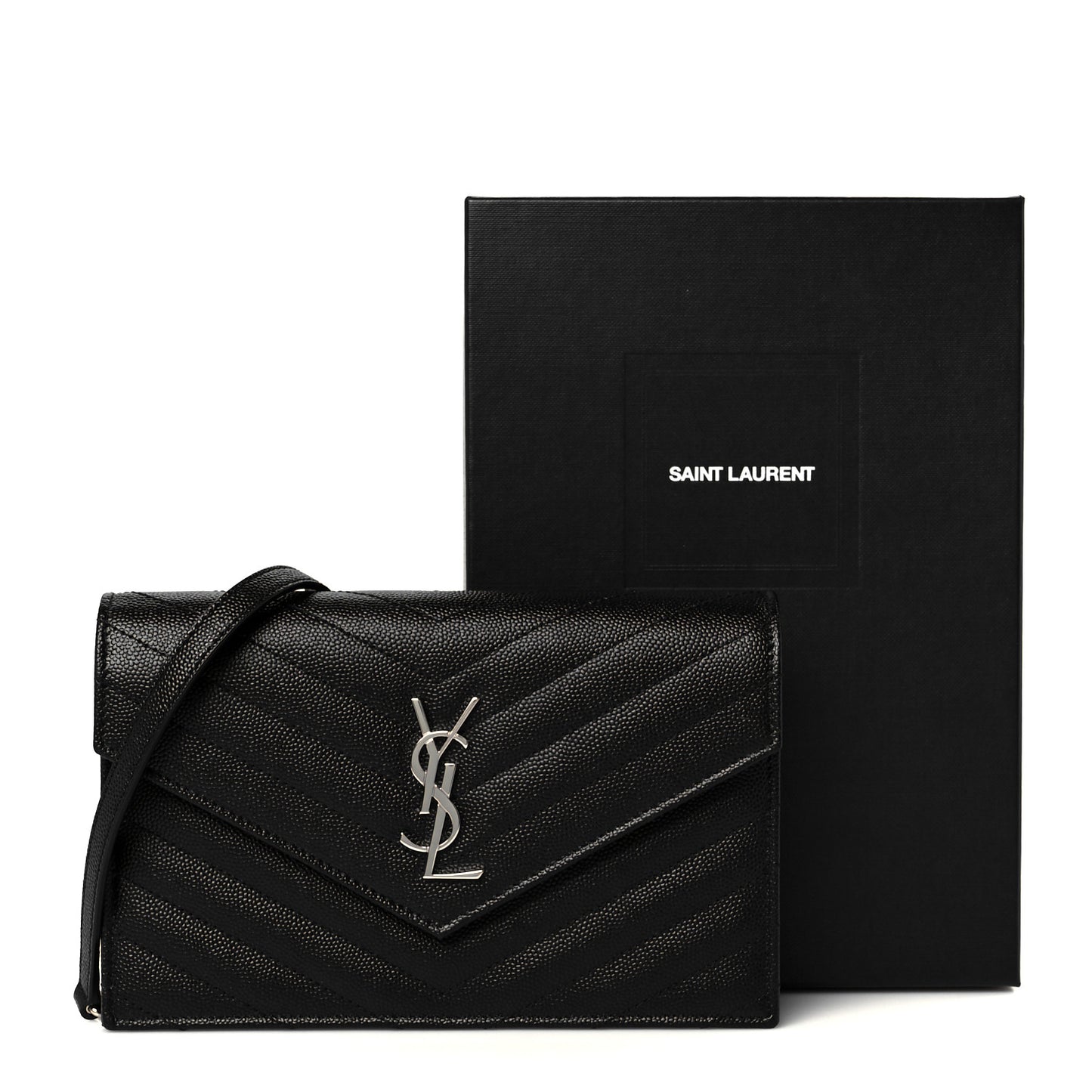 Grain De Poudre Matelasse Chevron Monogram Envelope Chain Wallet Black