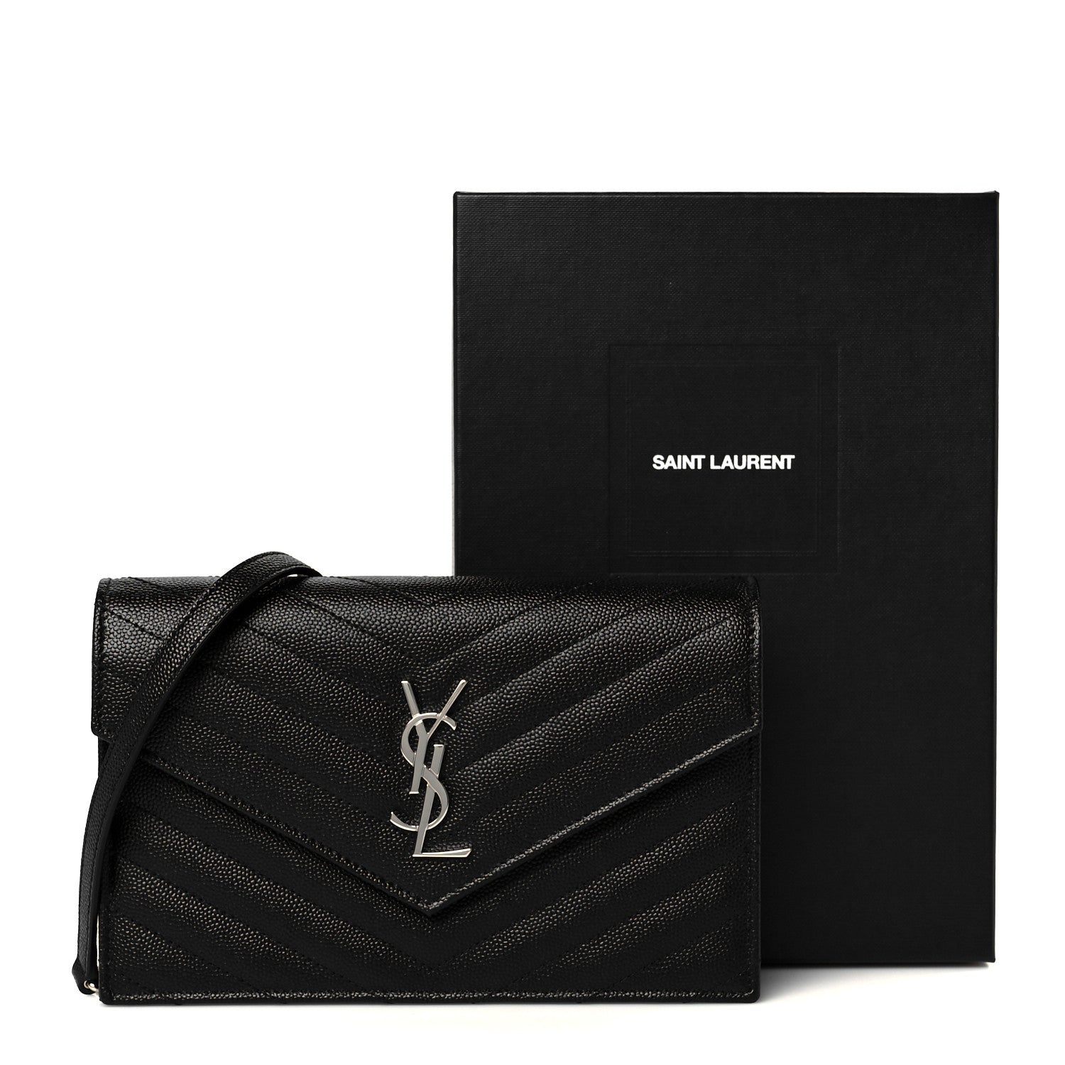 Saint Laurent Grain De Poudre Matelasse Chevron Monogram Envelope Chain Wallet Black 12 of 12