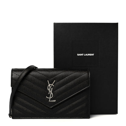 Saint Laurent Grain De Poudre Matelasse Chevron Monogram Envelope Chain Wallet Black 12 of 12