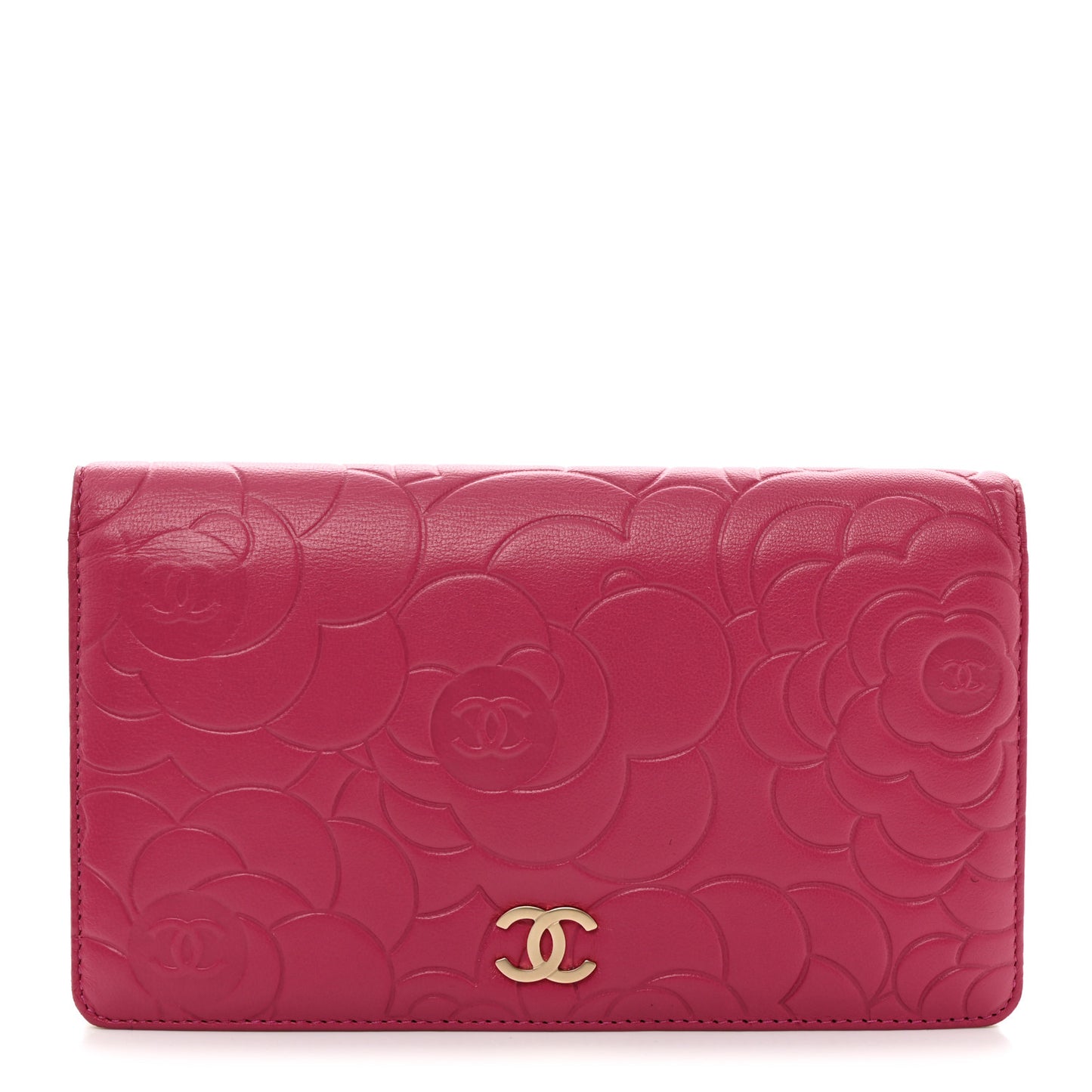Lambskin Camellia Embossed Yen Wallet Fuchsia
