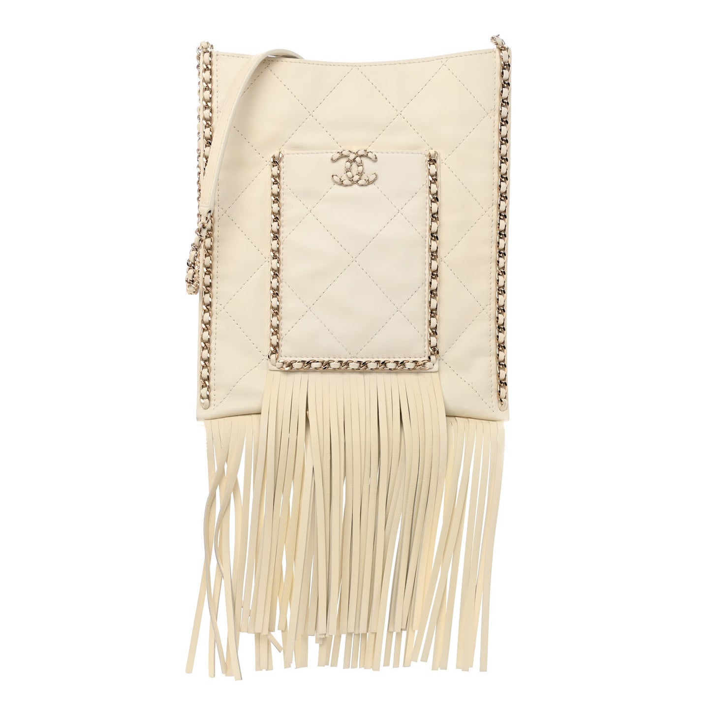 Calfskin Quilted Fringe Small Shopping Bag White