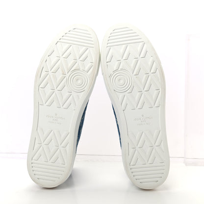 Louis Vuitton Calfskin Denim Monogram Mens Tattoo Sneaker Boots 9 White Blue 6 of 10