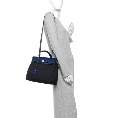 Hermes Military Toile Vache Hunter Herbag Zip 31 PM Black Bleu Saphir 2 of 12