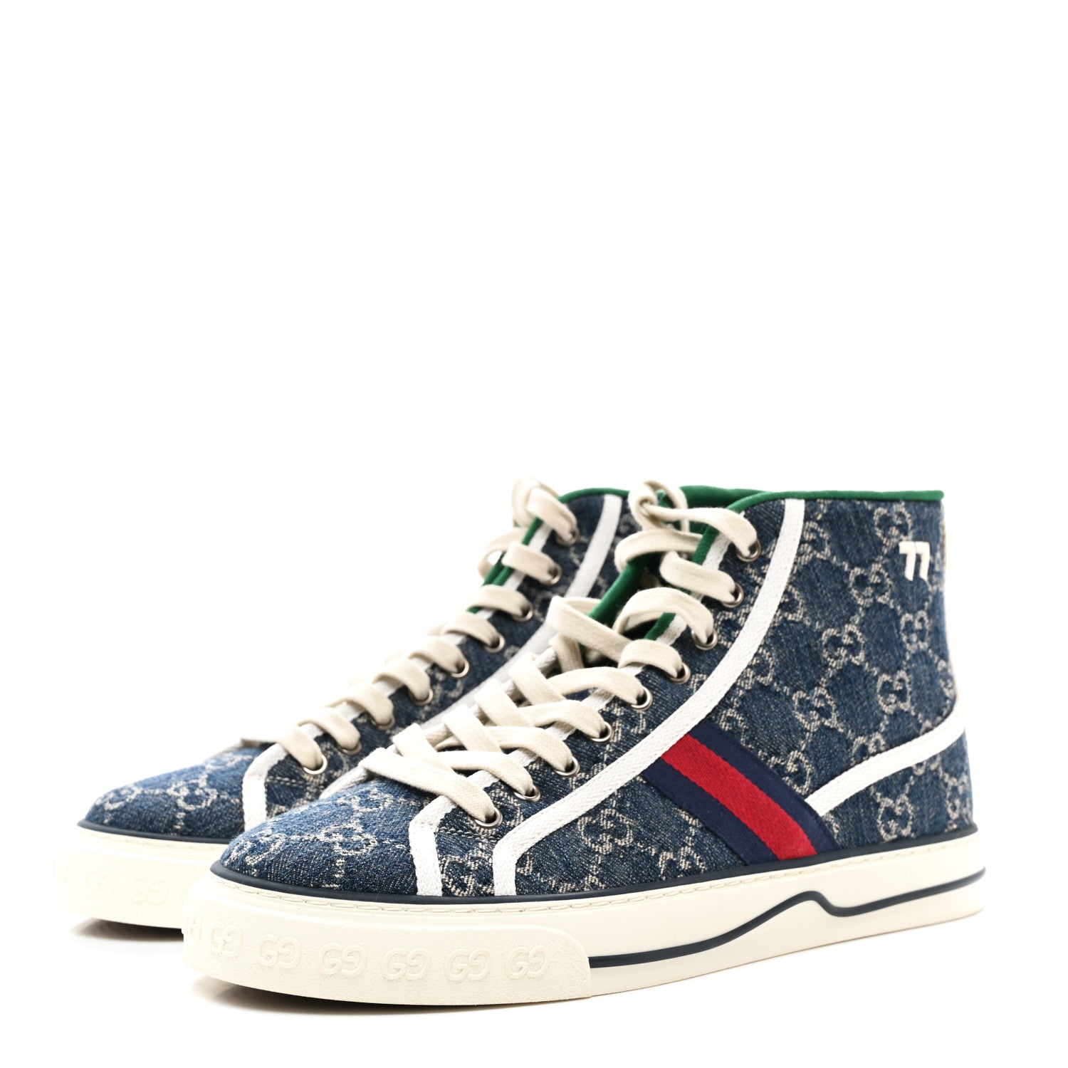 Gucci New Denim GG Monogram Web Womens 1977 Tennis High Top Sneakers 7.5 Blue Tea Mystic White 3 of 8