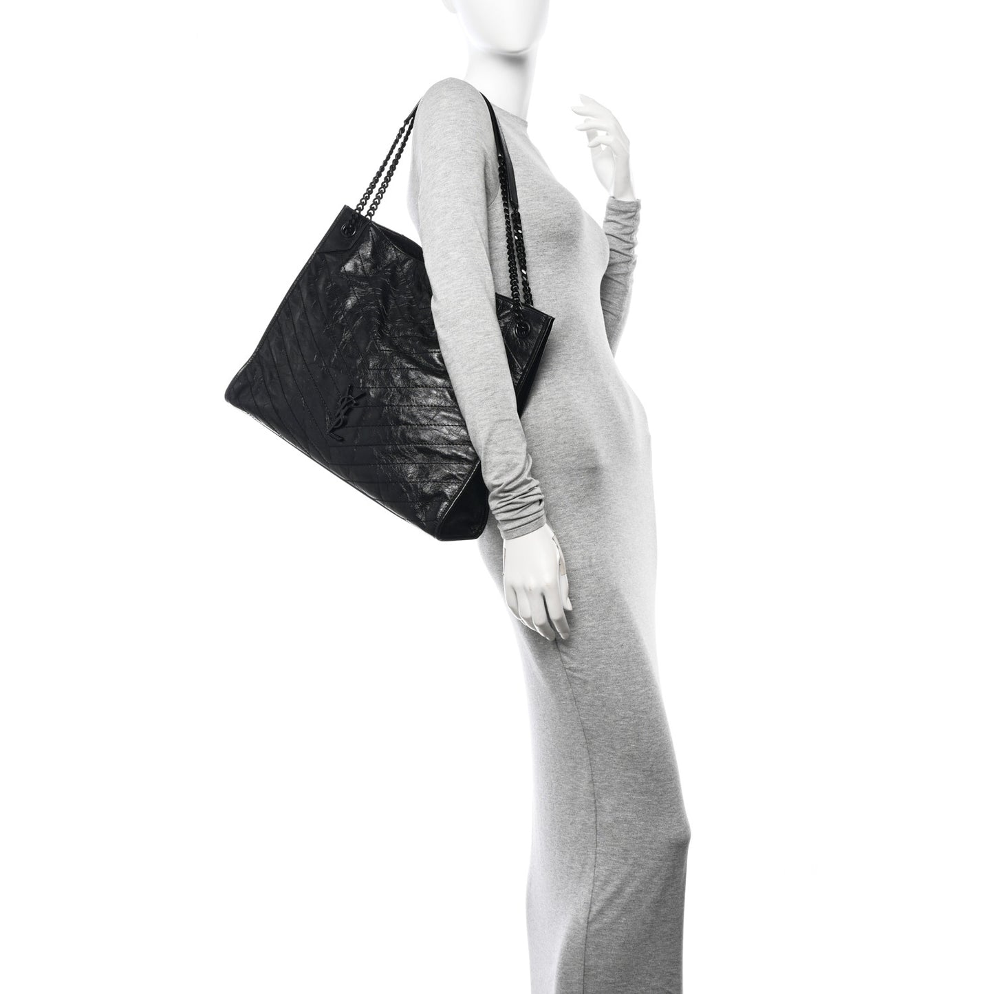 Crinkled Calfskin Matelasse Monogram Large Niki Shopper Tote Black