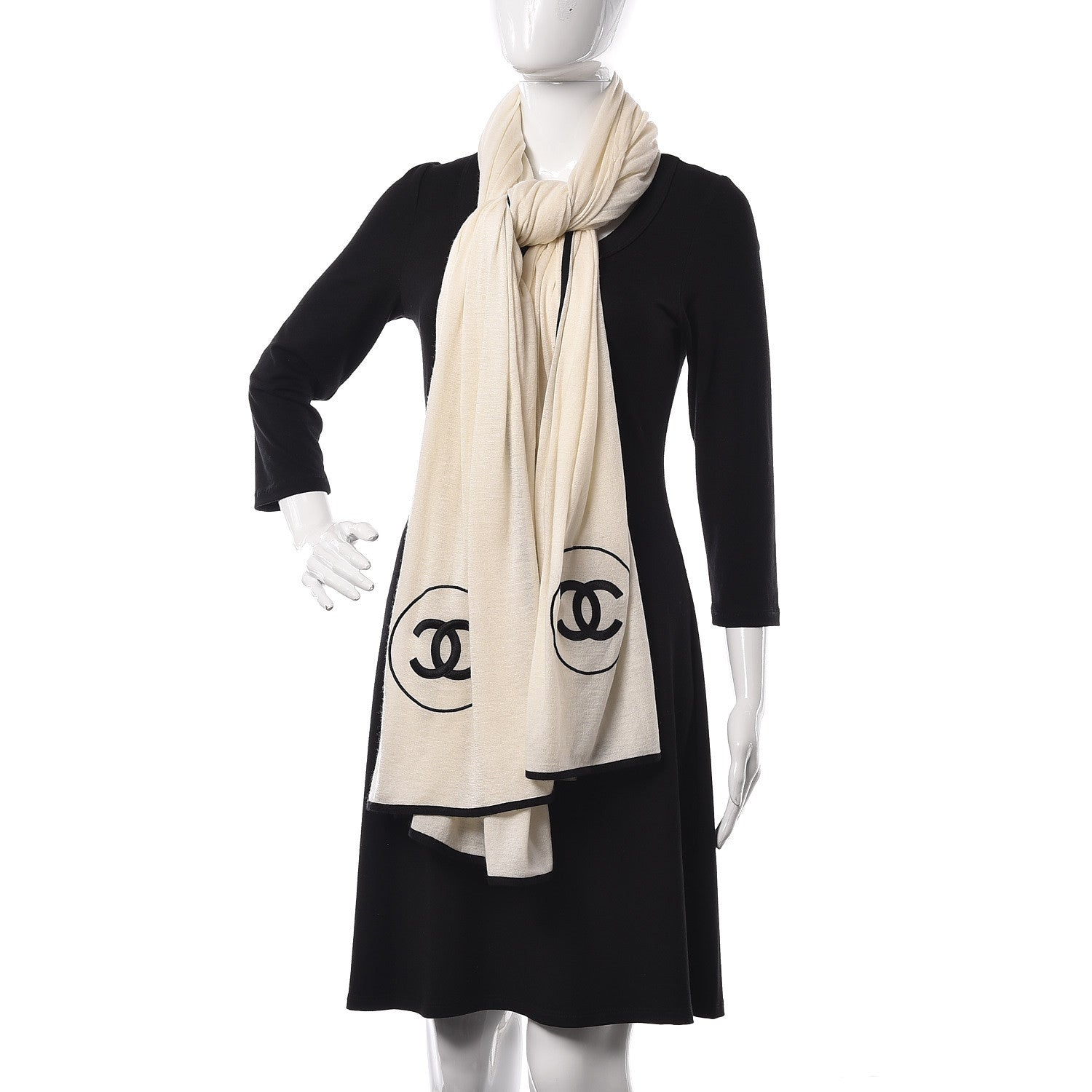Chanel Cashmere Silk CC Scarf Black White 2 of 4