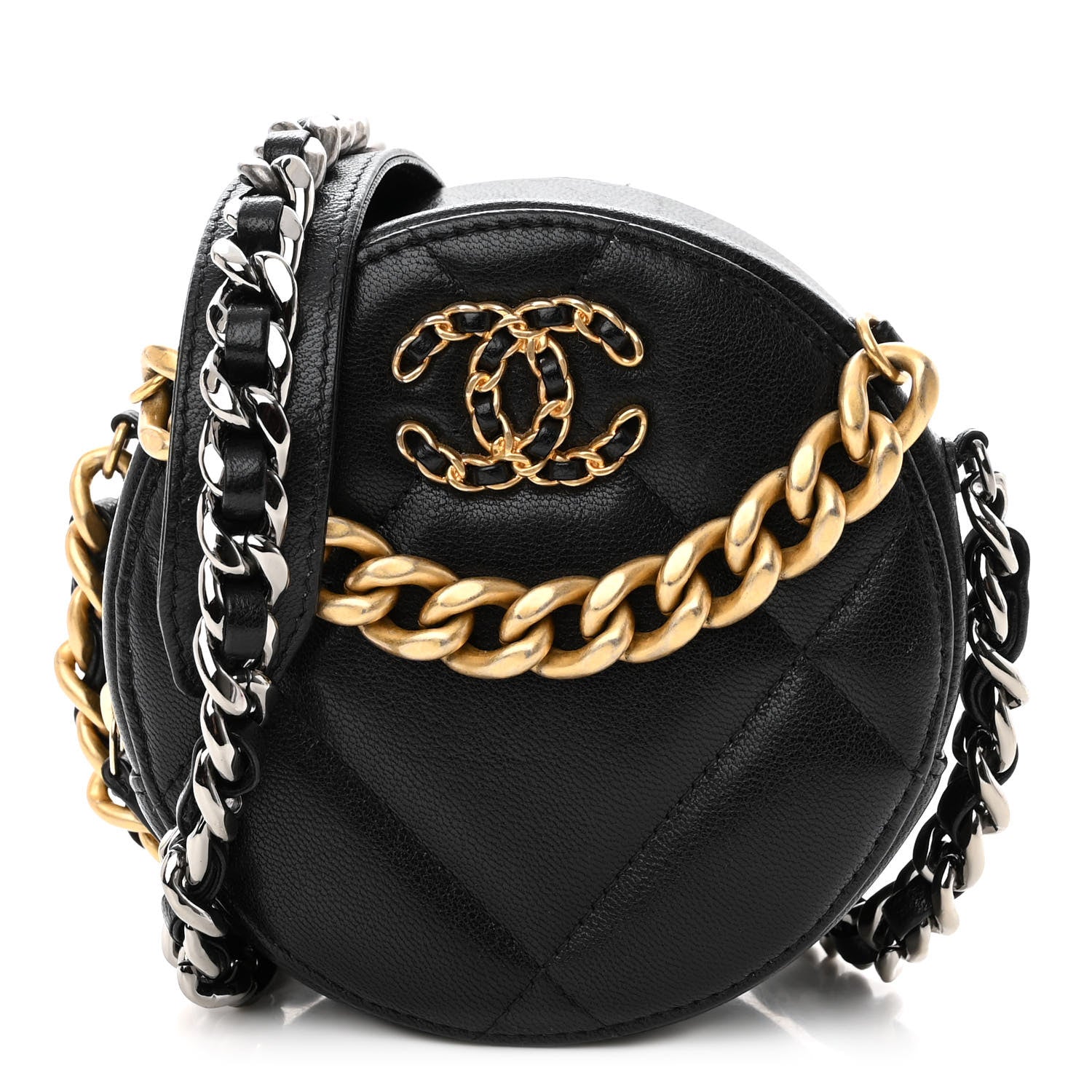 Chanel Lambskin Quilted Chanel 19 Round Clutch With Chain Black 1 of 9