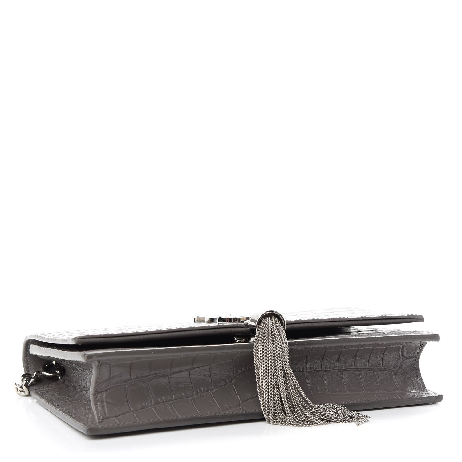 Saint Laurent Calfskin Crocodile Embossed Kate Monogram Tassel Chain Wallet Fog 7 of 9