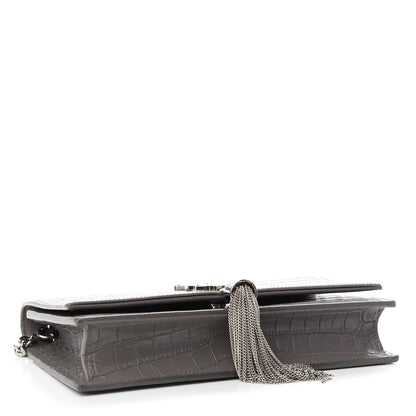 Saint Laurent Calfskin Crocodile Embossed Kate Monogram Tassel Chain Wallet Fog 7 of 9