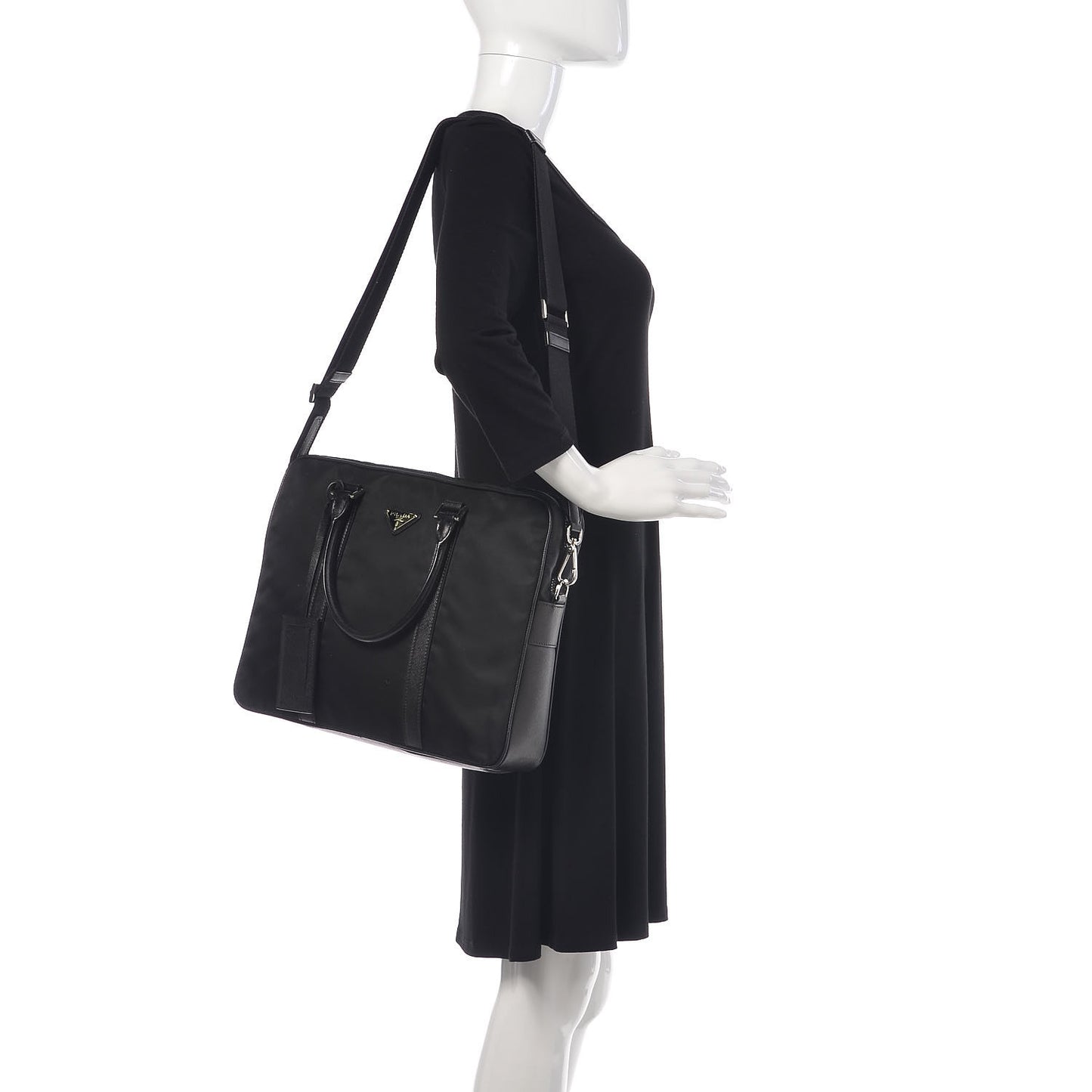 Tessuto Nylon Saffiano Metal Triangle Logo Work Bag Black