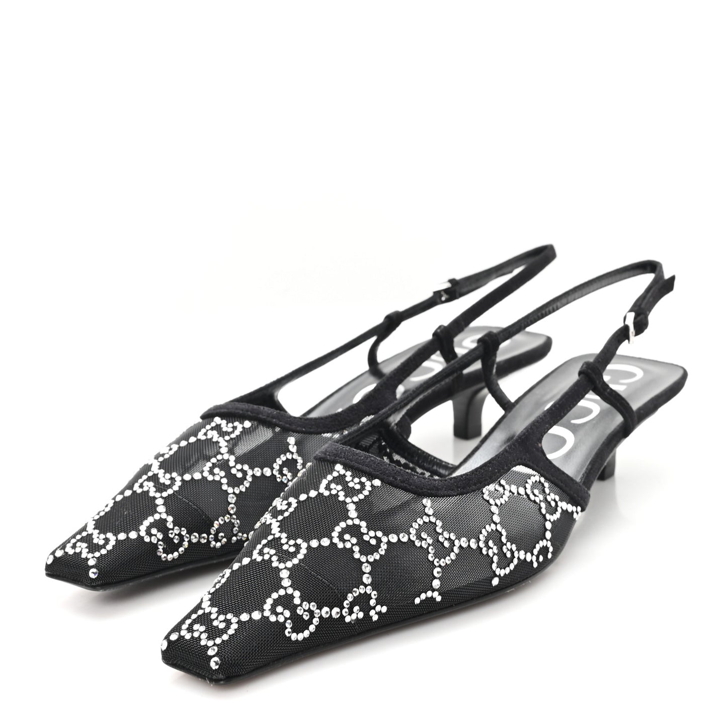 Tela Retino Kid Scamosciato Crystal GG Monogram Square G 35mm Slingback Pumps 37.5 Black