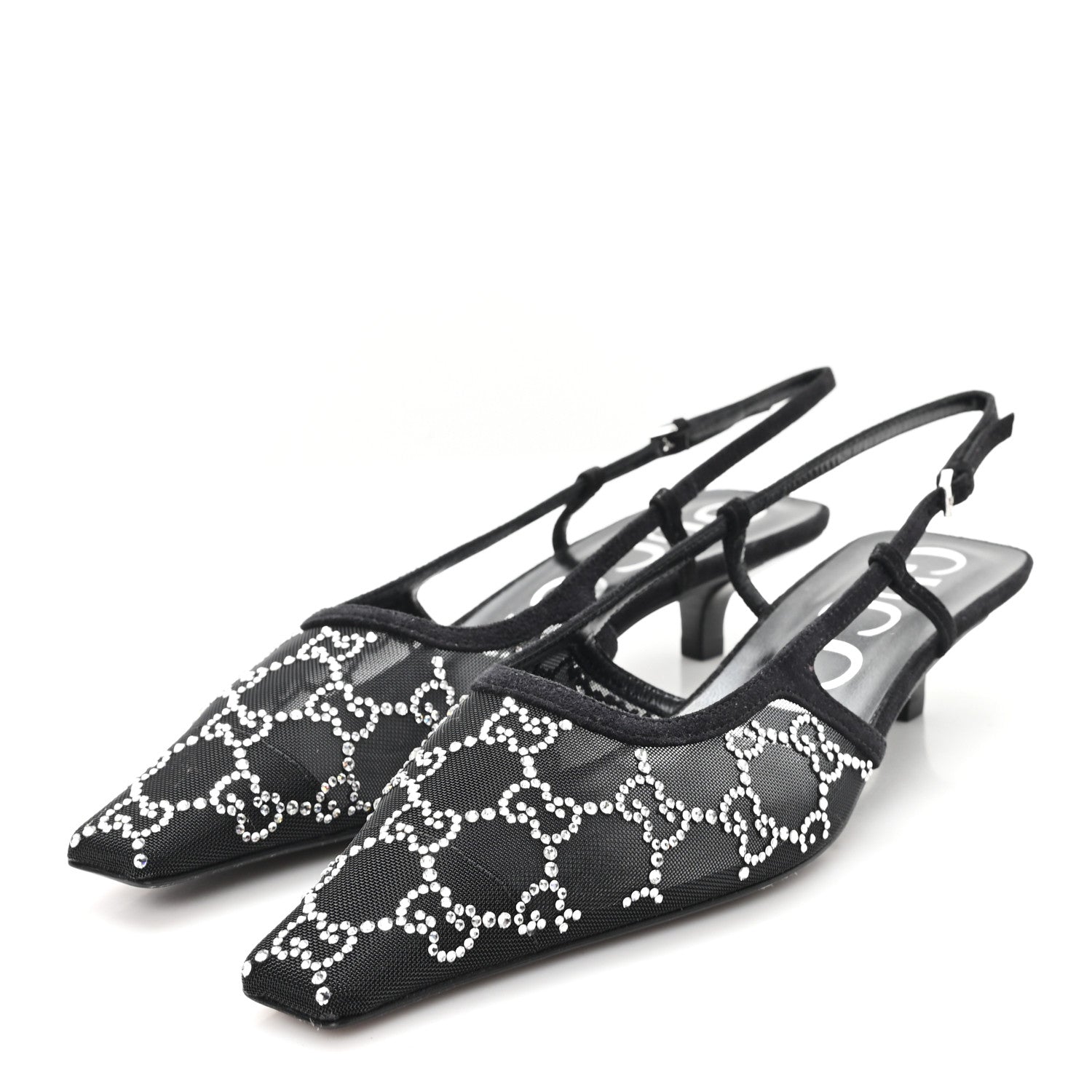 Gucci Tela Retino Kid Scamosciato Crystal GG Monogram Square G 35mm Slingback Pumps 37.5 Black 4 of 9