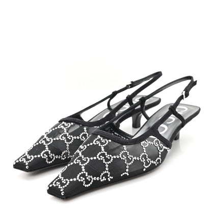 Gucci Tela Retino Kid Scamosciato Crystal GG Monogram Square G 35mm Slingback Pumps 37.5 Black 4 of 9