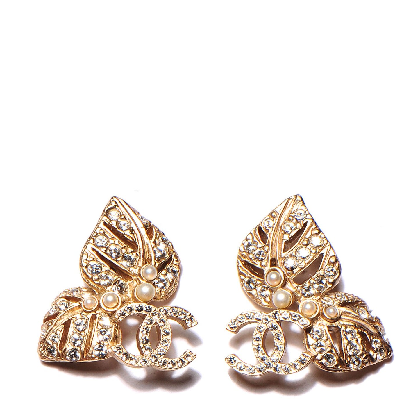 Crystal Pearl CC Leaf Earrings Gold