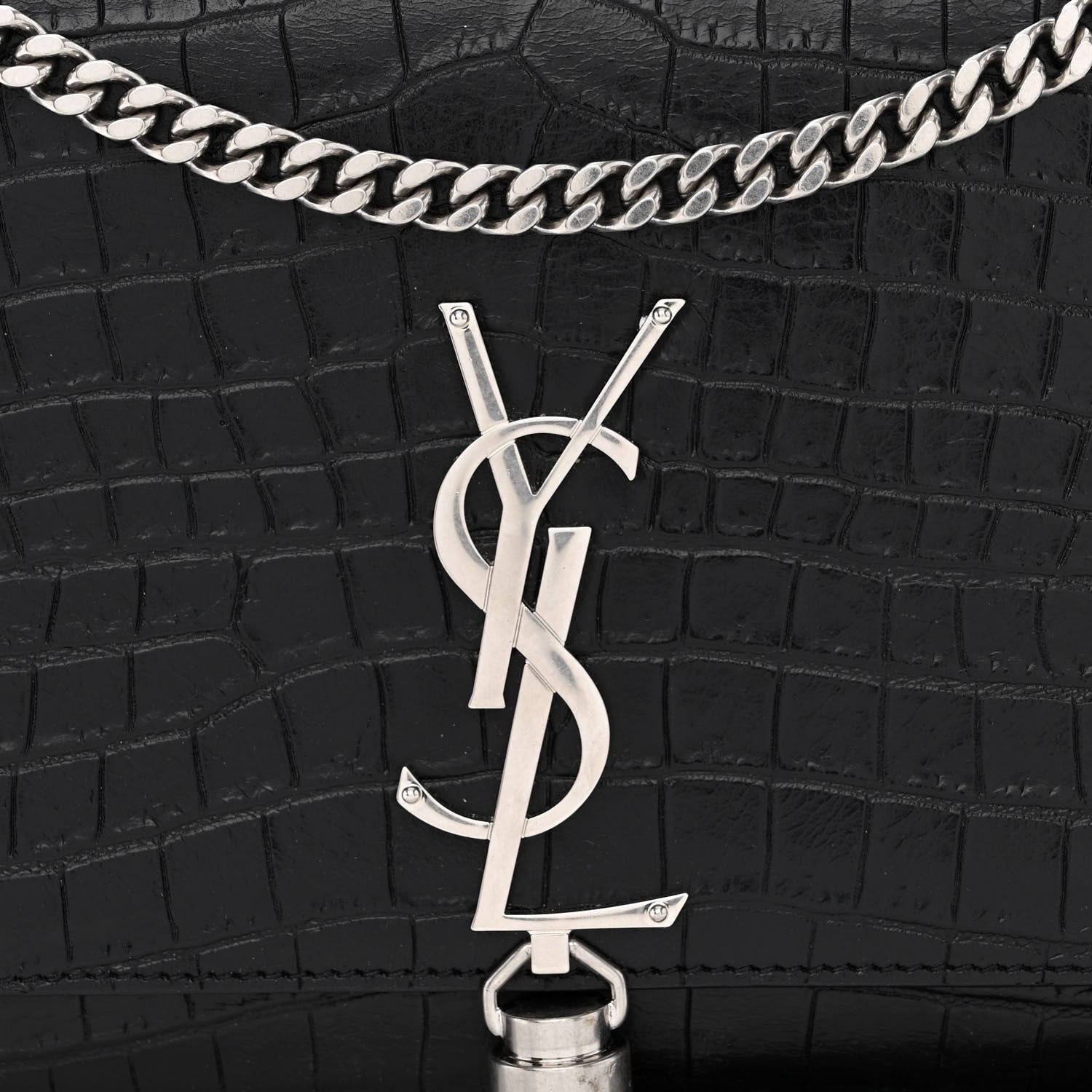 Saint Laurent Calfskin Crocodile Embossed Medium Classic Monogram Kate Tassel Satchel Black 8 of 10