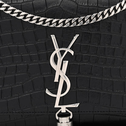 Saint Laurent Calfskin Crocodile Embossed Medium Classic Monogram Kate Tassel Satchel Black 8 of 10
