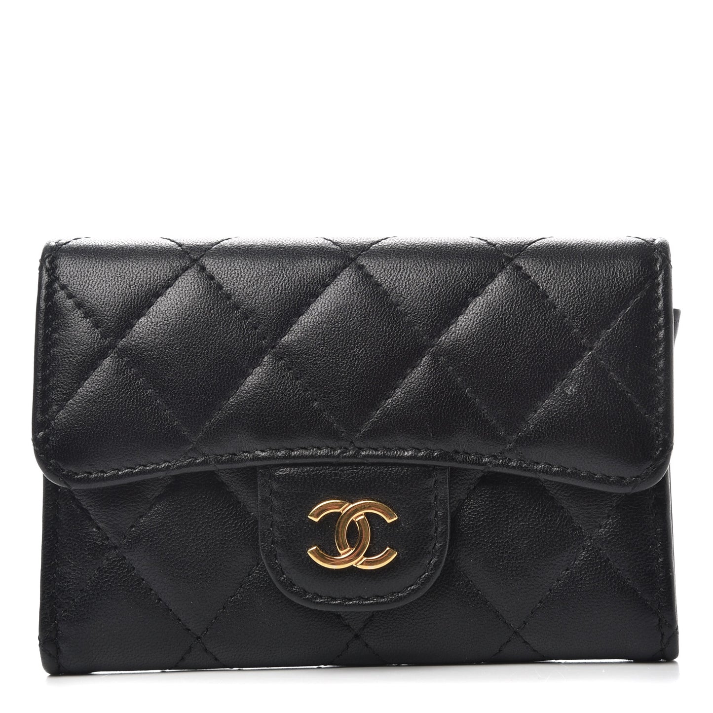 Lambskin Quilted Flap Card Holder Black