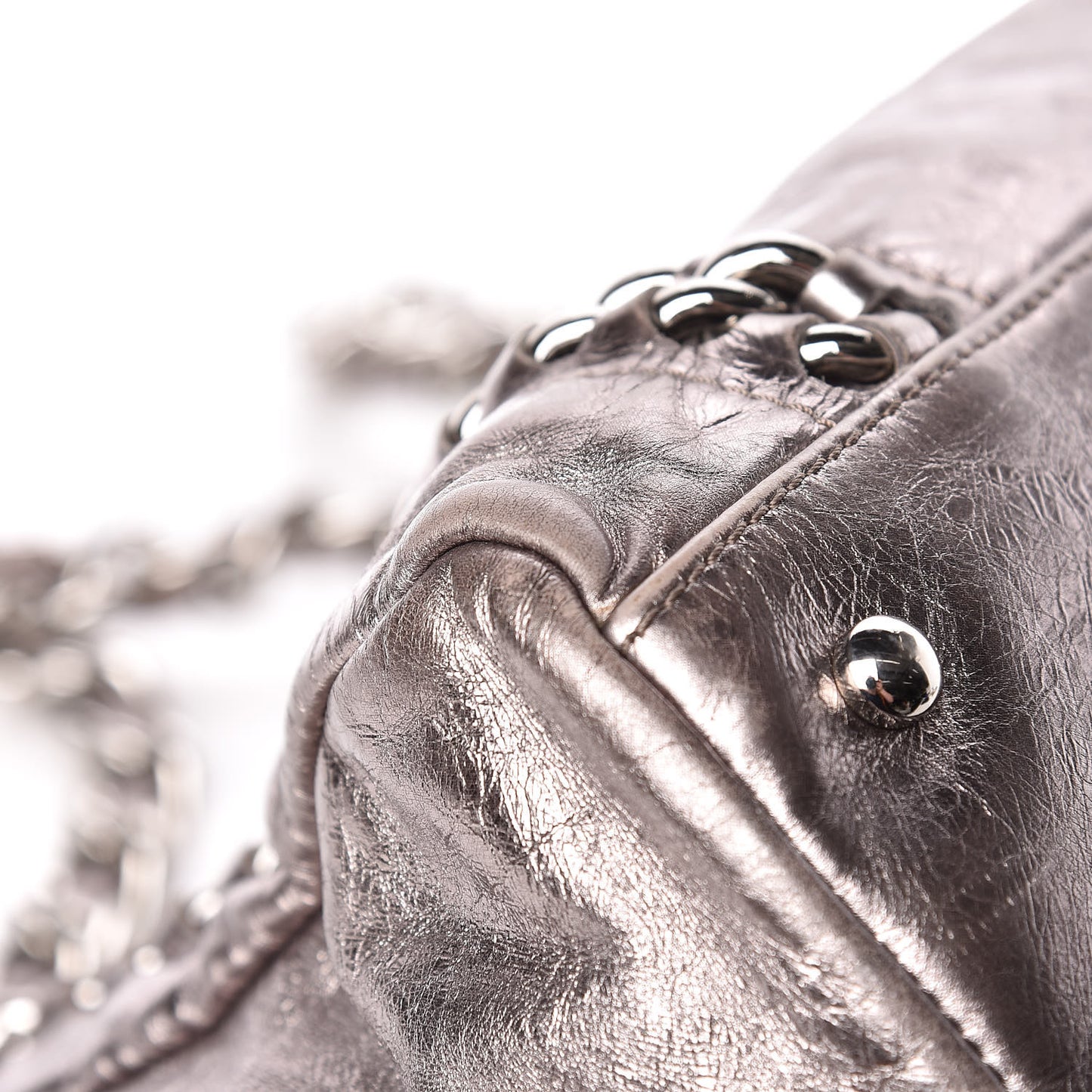 Metallic Cracked Calfskin Modern Chain Tote Dark Silver