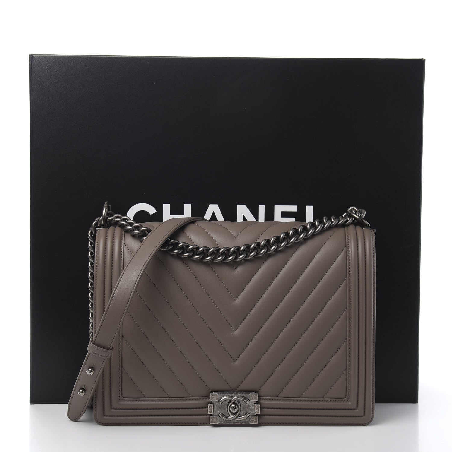 Chanel Lambskin Chevron Quilted Large Boy Flap Grey 12 of 12