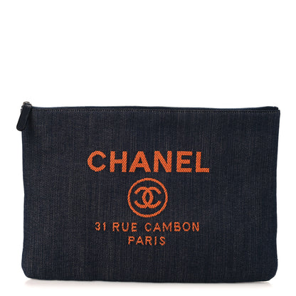 Chanel Denim Large Deauville Pouch Clutch Blue Orange 1 of 7