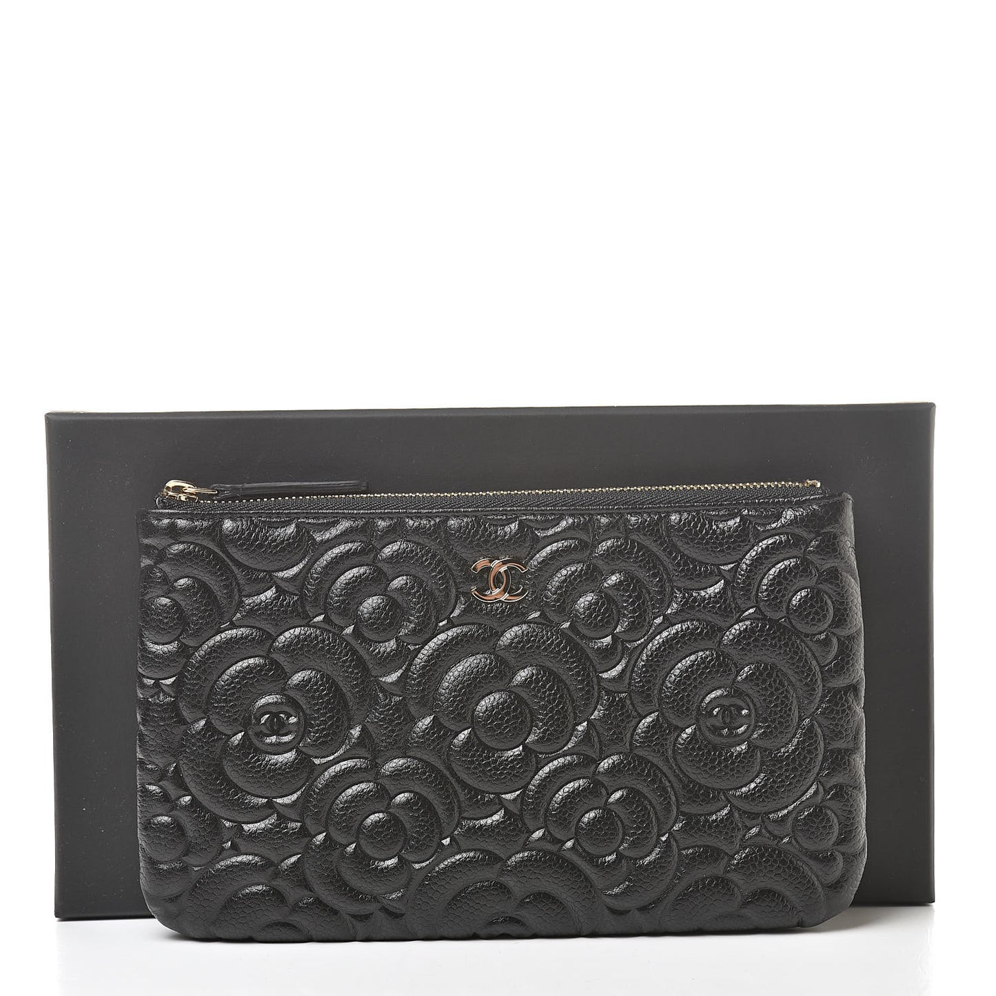 Caviar Camellia Embossed Small Pouch Black