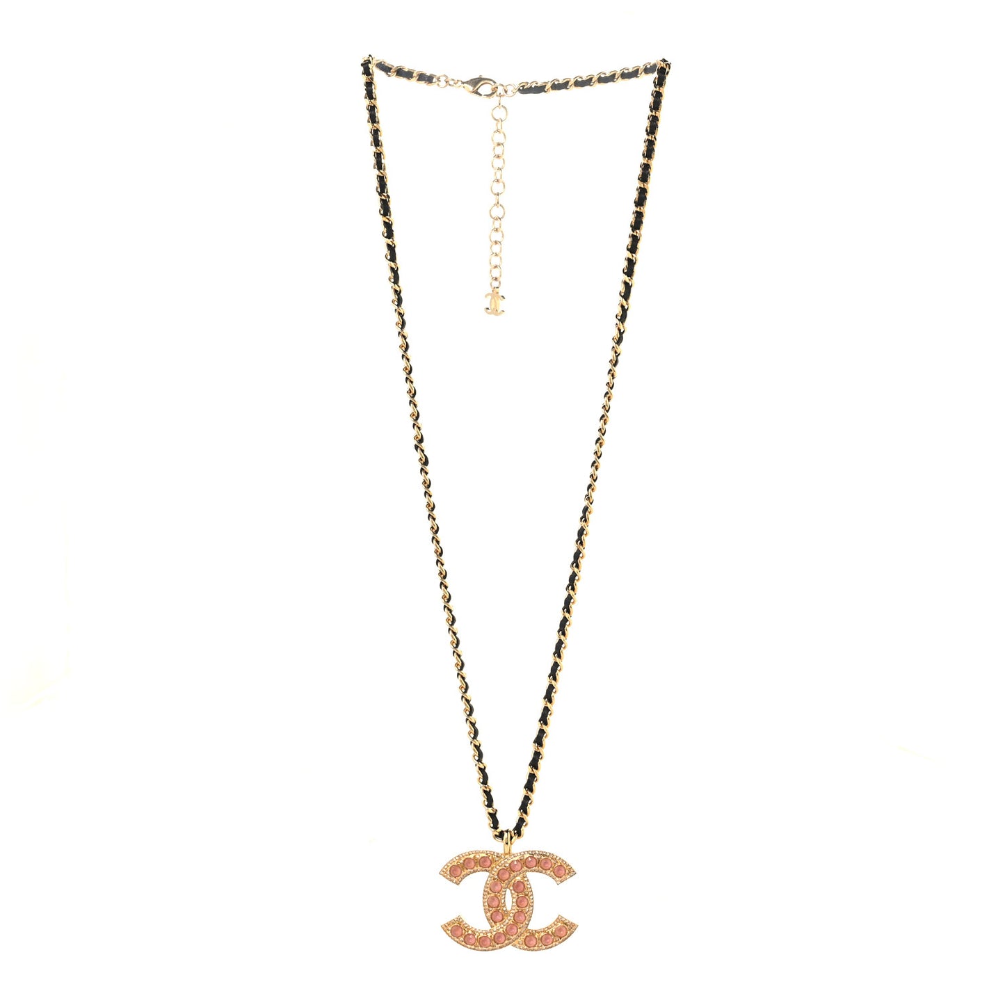 Pearl Crystal Lambskin Chain CC Dazzling Domino Necklace Gold Pink Black