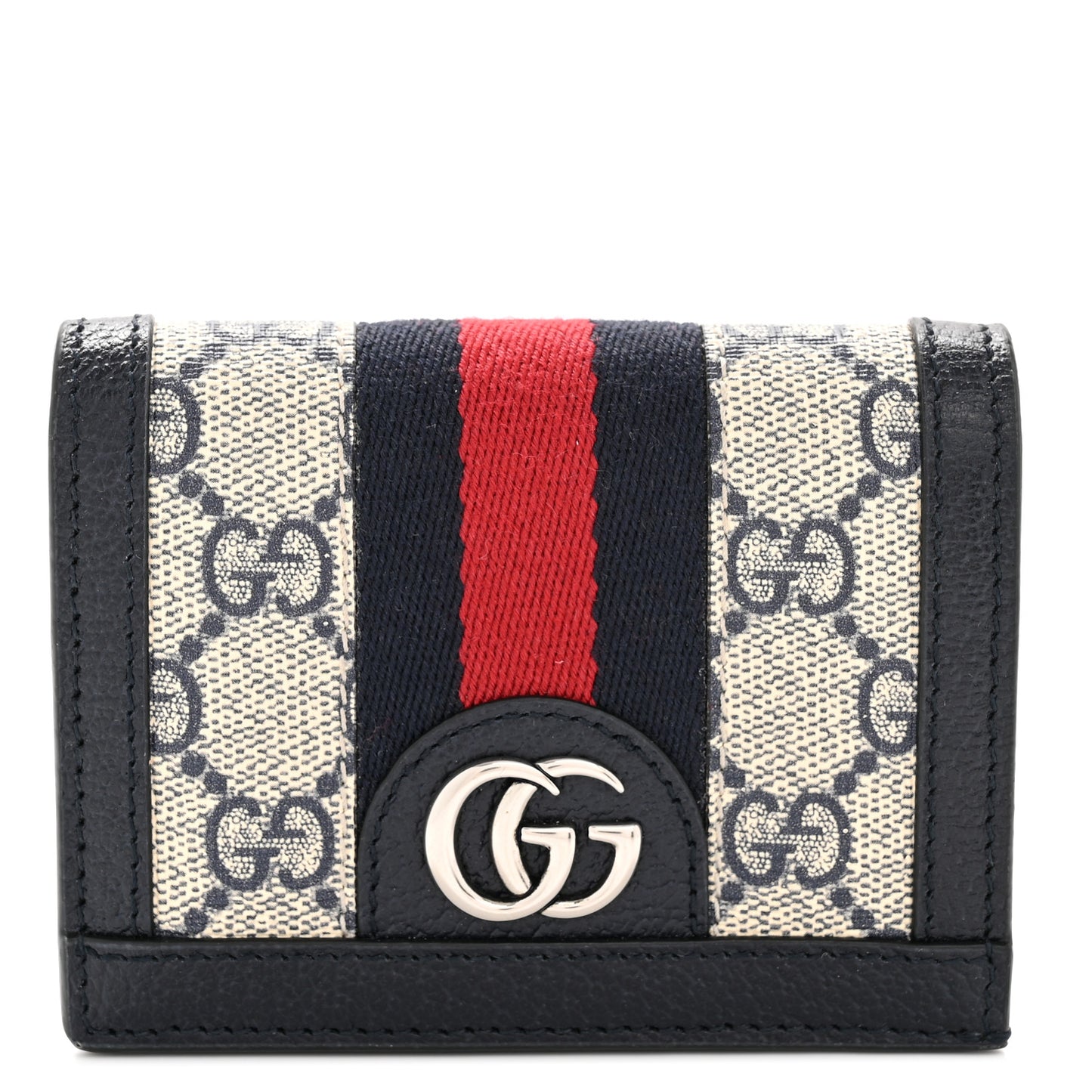 GG Supreme Monogram Textured Dollar Calfskin Web Ophidia Card Case Beige Blue