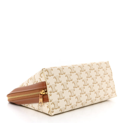 Celine Triomphe Canvas Calfskin Large Cosmetic Pouch White Tan 6 of 7