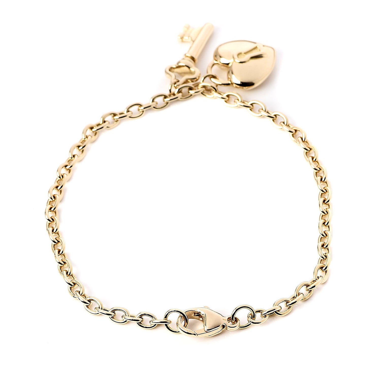 18K Yellow Gold Heart Lock Key Chain Bracelet