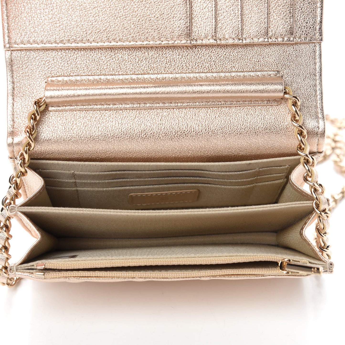 Metallic Lambskin Quilted Mini Wallet On Chain WOC Gold