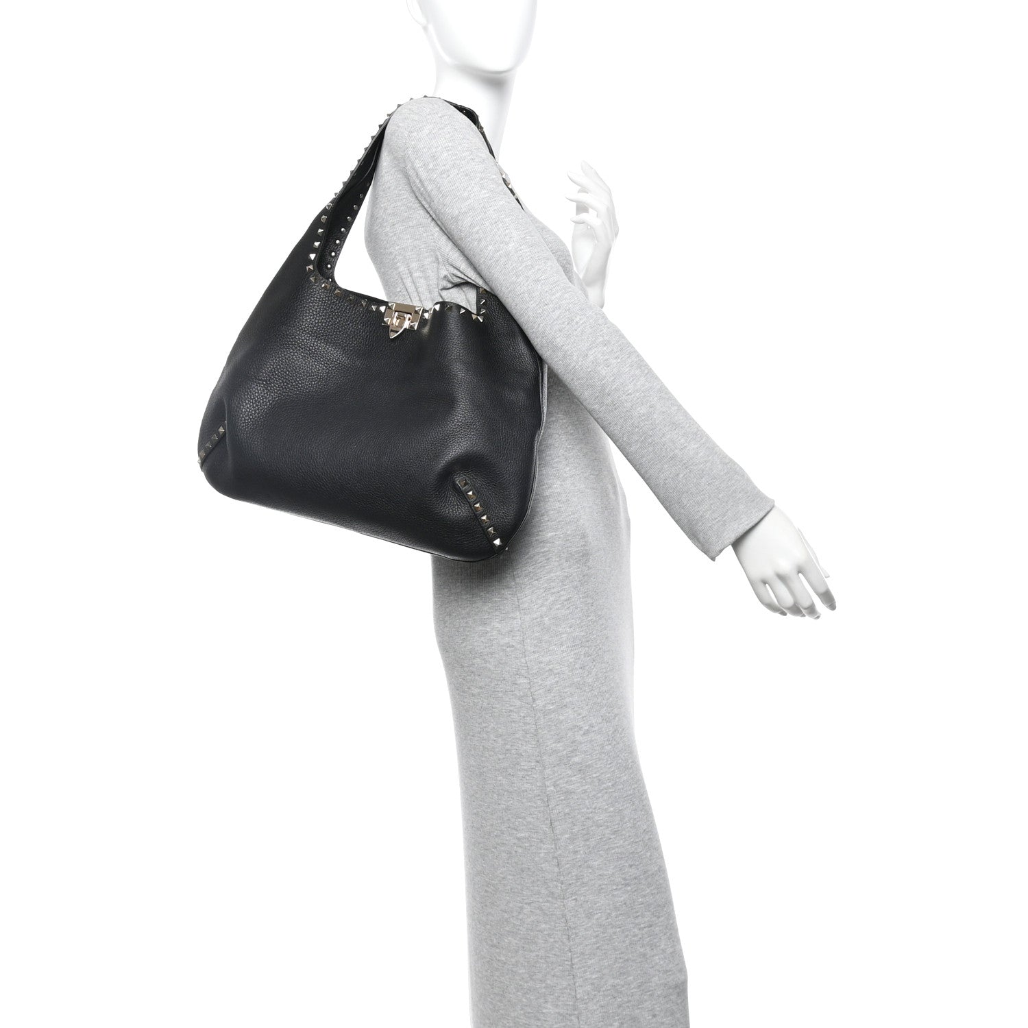 Valentino Garavani Grained Calfskin Large Rockstud Hobo Black 2 of 10